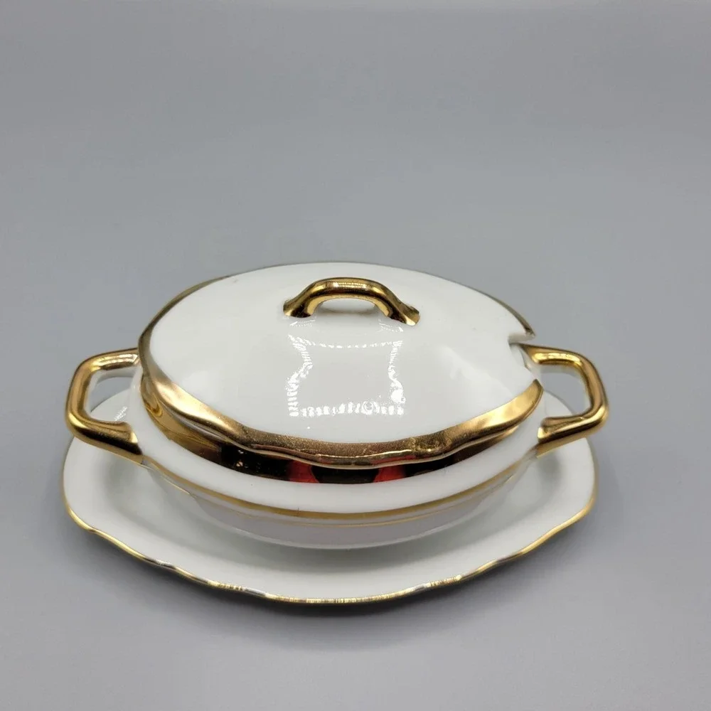 Vintage Condiment Dish Small Tureen Jam Pot with Lid and Plastic Spoon Japan